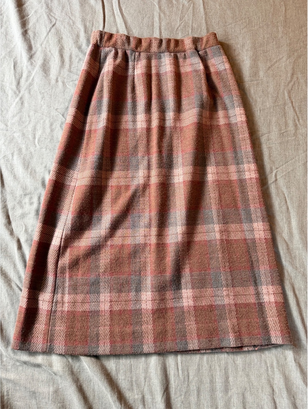 Vintage Wool-Blend Brown Plaid Midi Skirt Size Small Stretch